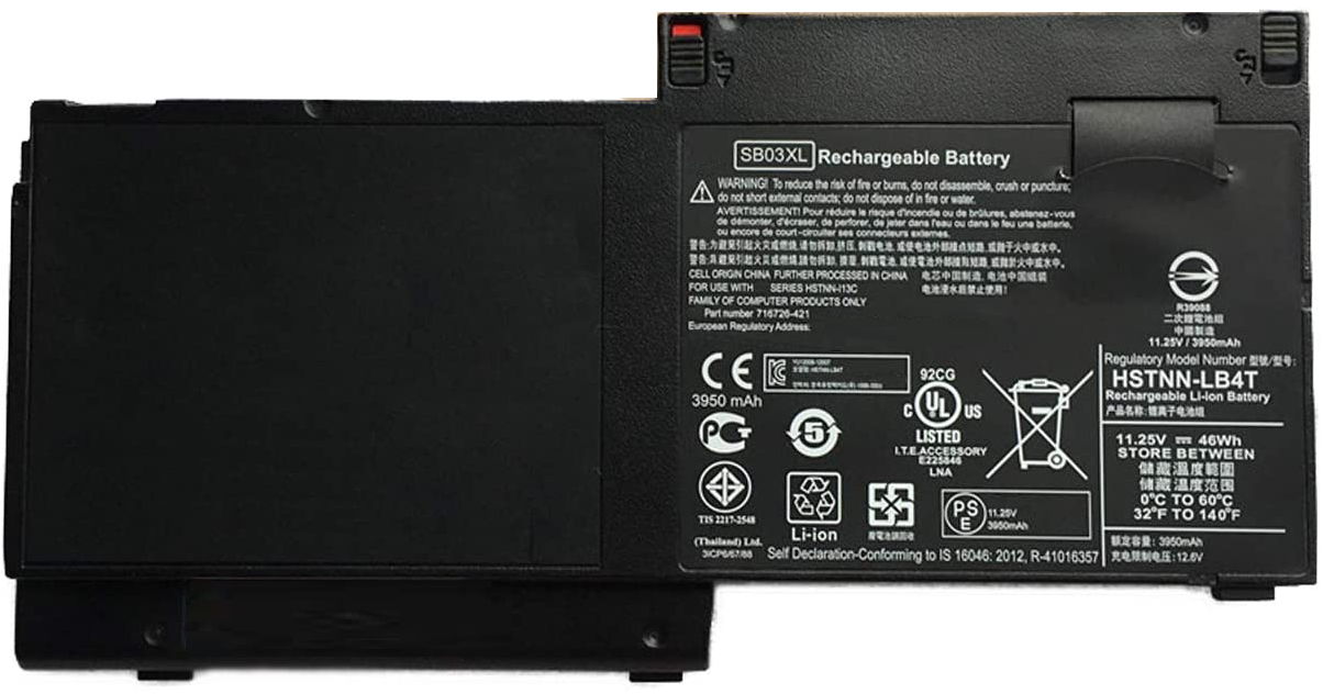 Original HP SB03XL internal rechargeable laptop battery, 11.25V 46Wh Li-ion Polymer, slim black design with multi-pin connection interface, compatible with HP EliteBook 820 G1 and G2 series.