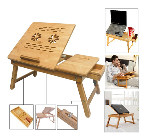WOODEN TABLE Bamboo Wooden Laptop Desk Serving with Drawer and Cooling Fan - Image 3