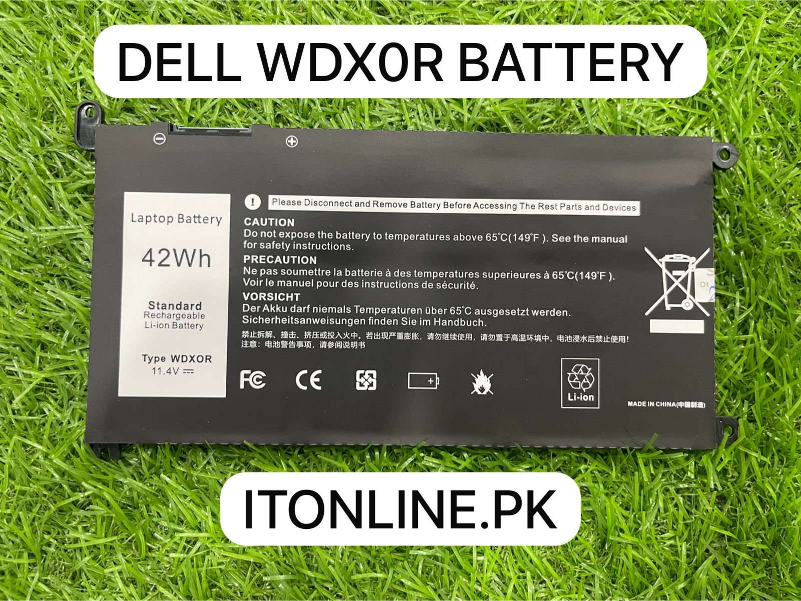 Internal Dell WDX0R rechargeable lithium-ion battery for laptop, 11.4V 42Wh capacity, black rectangular design with multi-pin connector and mounting screw holes, featuring safety certification labels