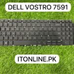 Full-size internal replacement keyboard for Dell Vostro 7591, US English layout with dedicated numeric keypad, chiclet-style black keys with transparent lettering for backlighting, and dual-ribbon connector cables for data and power button functionality.