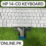 Replacement internal keyboard for HP Pavilion x360 14-cd series, silver finish with chiclet-style keys, US English layout, features a flexible data ribbon cable and optional backlight connector.