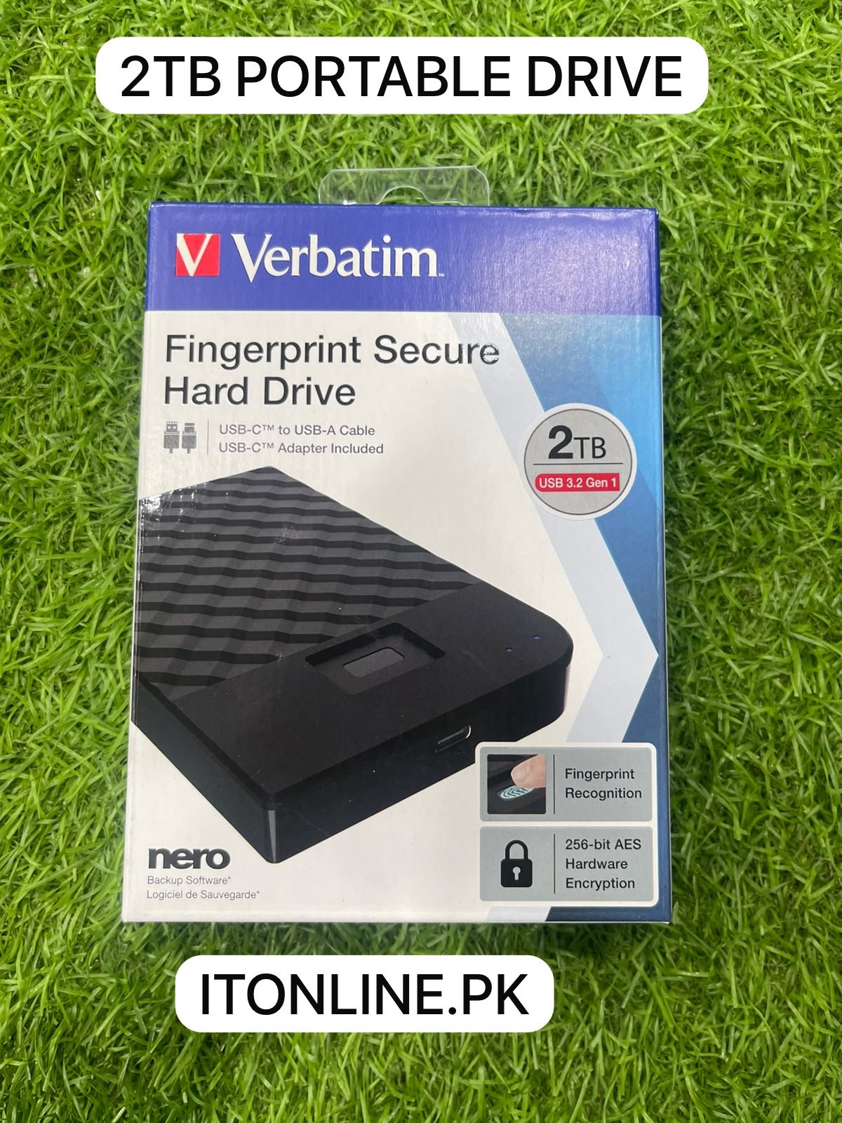 verbatim 2tb fingerprint hard drive specs 256 bit aes encryption back view itstore info